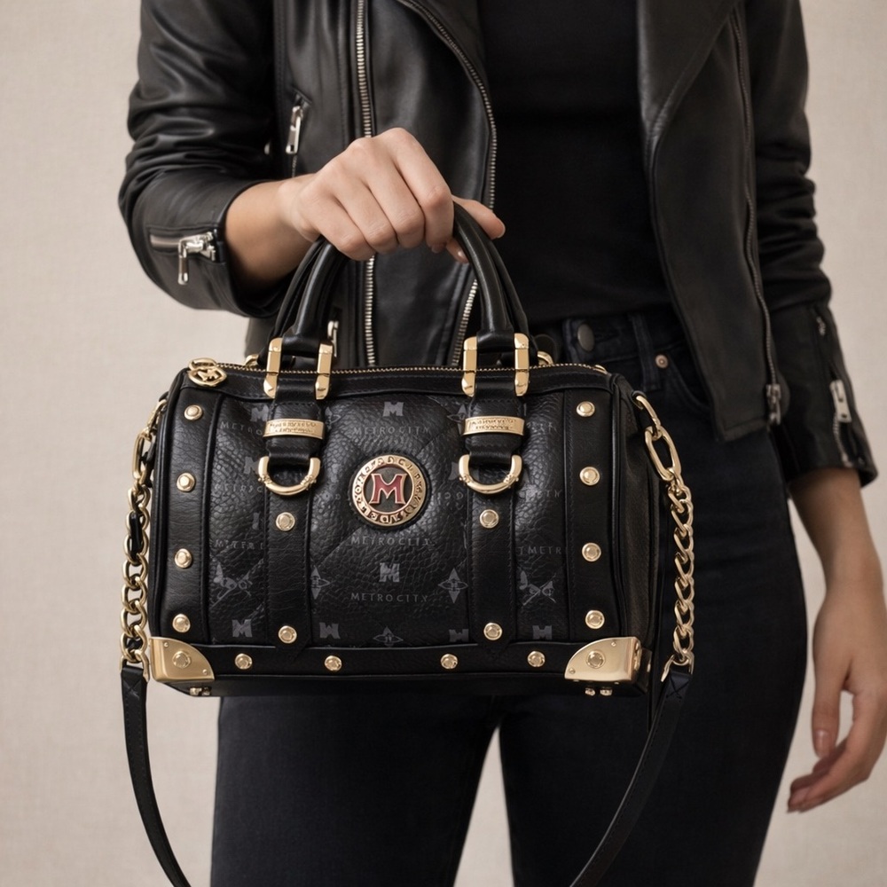 METRO CITY  - Black Studded Leather Speedy Doctor Dr. Bag Italy